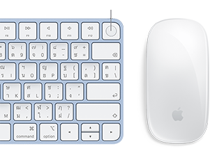 Close-up of color-matching Magic Keyboard and Magic Mouse, with Touch ID fingerprint in focus