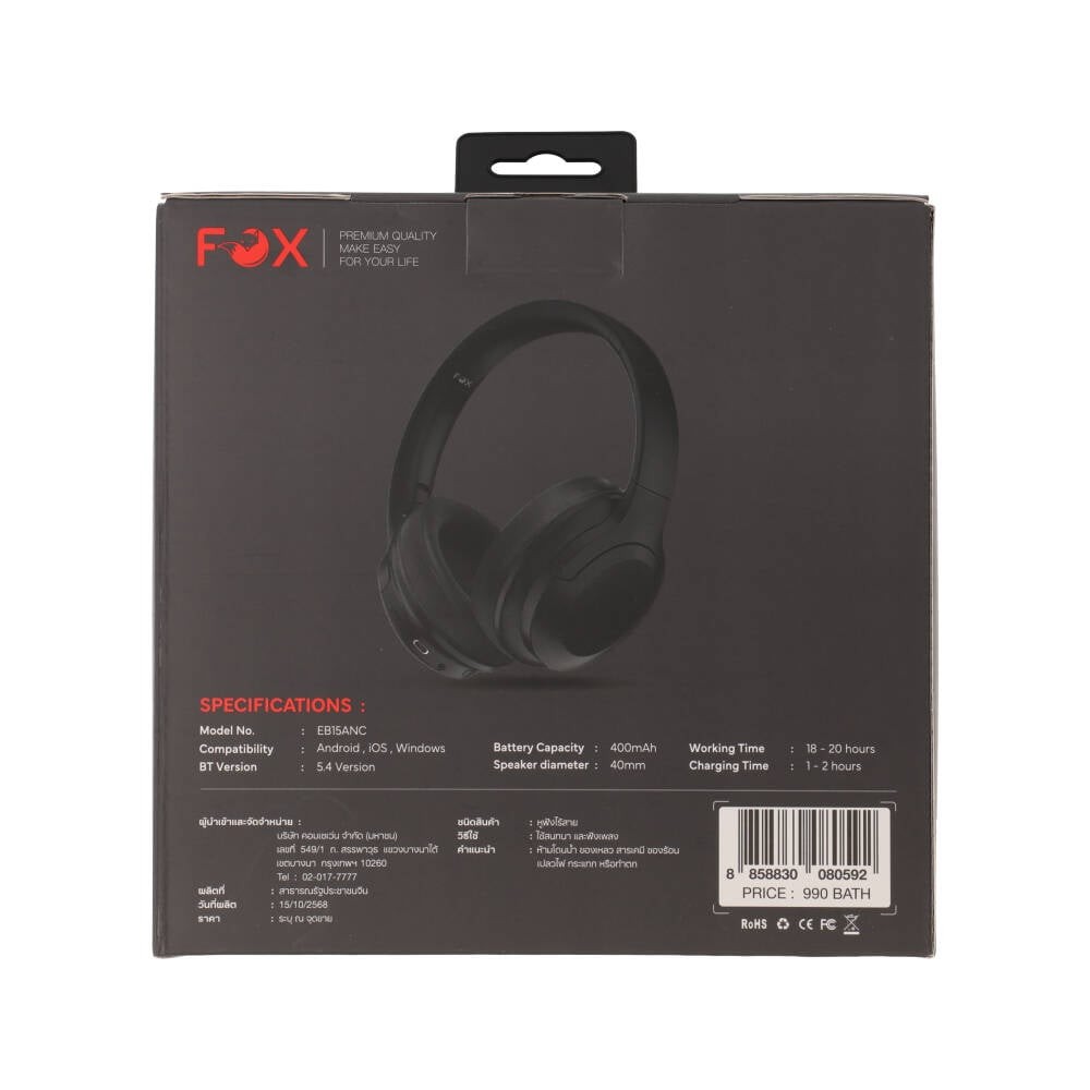 หูฟังไร้สาย FOX EB15ANC Noise-Cancelling with Carry Case Black
