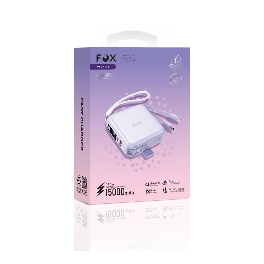 พาวเวอร์แบงค์ FOX 15000 mAh LED Display 2-in-1 Cable (W1501) Purple