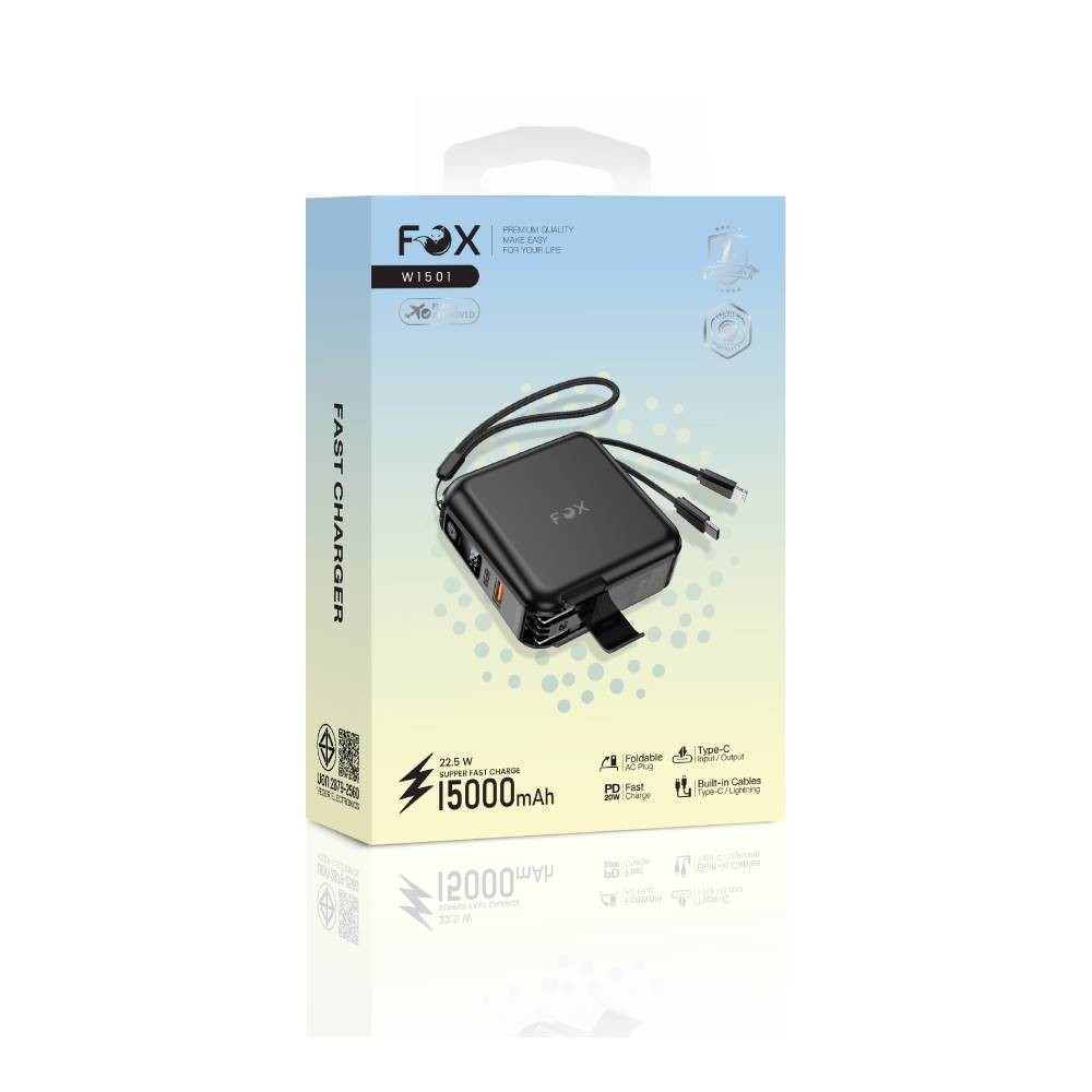 พาวเวอร์แบงค์ FOX 15000 mAh LED Display 2-in-1 Cable (W1501) Black
