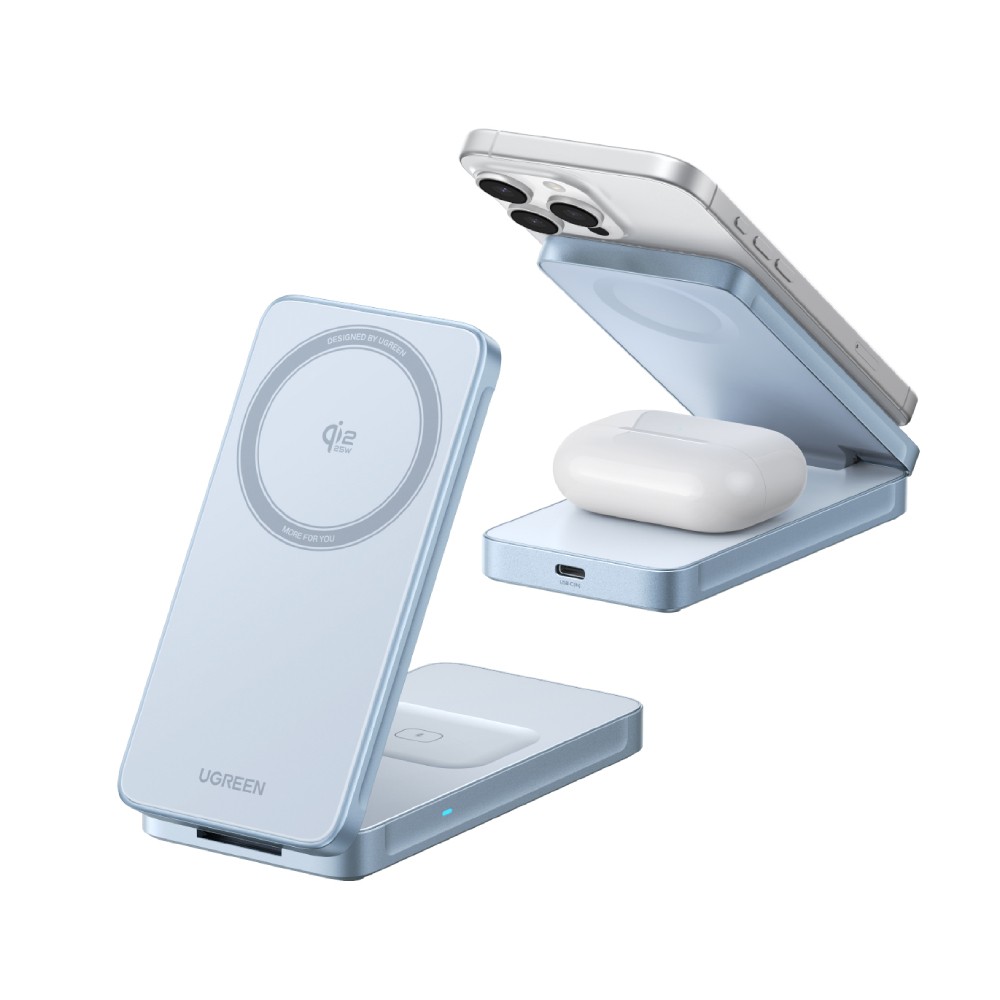 ที่ชาร์จไร้สาย Ugreen 2-in-1 Magflow Qi2.2 Foldable Magnetic Stand 25W Blue (55963)