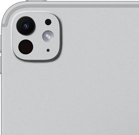 ตัวเครื่องภายนอกด้านหลังของ iPad Pro สีเงิน แสดงระบบกล้องระดับโปรที่ประกอบด้วยเลนส์ 5 ชิ้น และแฟลช True Tone ที่ปรับตามสภาวะ