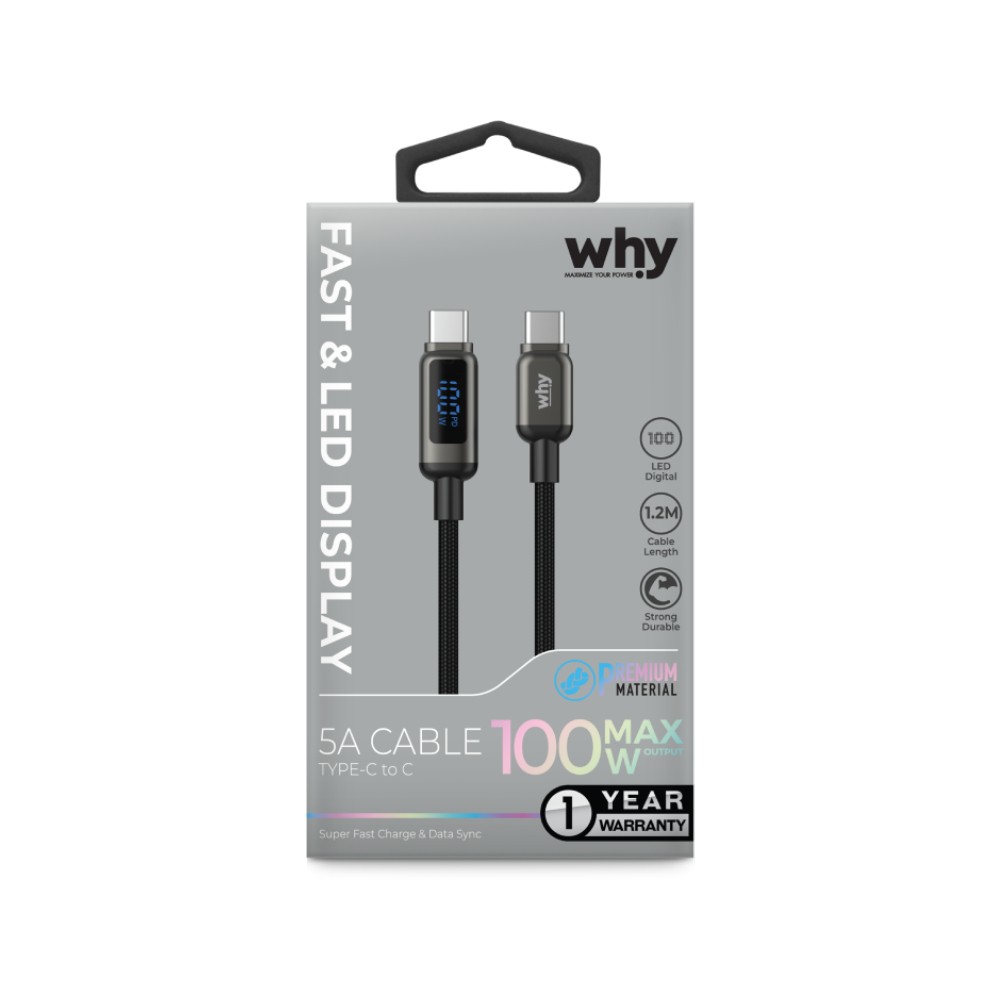 สายชาร์จ WHY USB-C to USB-C 100W Delta 1.2M Black (UC-1441C)