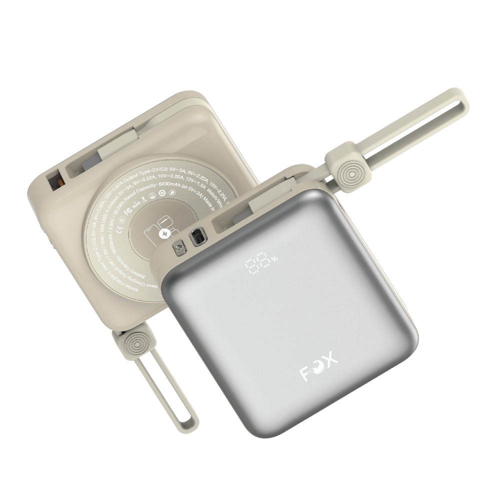 พาวเวอร์แบงค์ FOX Mini 3-in-1 Magnetic 10000mAh PD22.5W Fast Charging + 15W Wireless/Watch & Earbuds Output Built-in Type-C & Lightning Cables (PPAP10I) (CCC) Silver