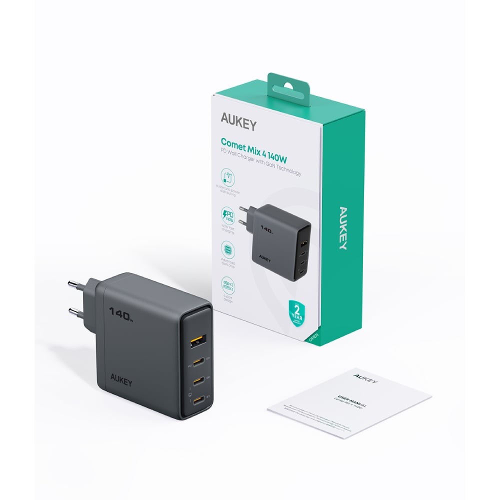 อะแดปเตอร์ AUKEY Wall USB Charger 1 USB-A / 3 USB-C Comet Mix 4 140W GaN Gray (PA-C6)