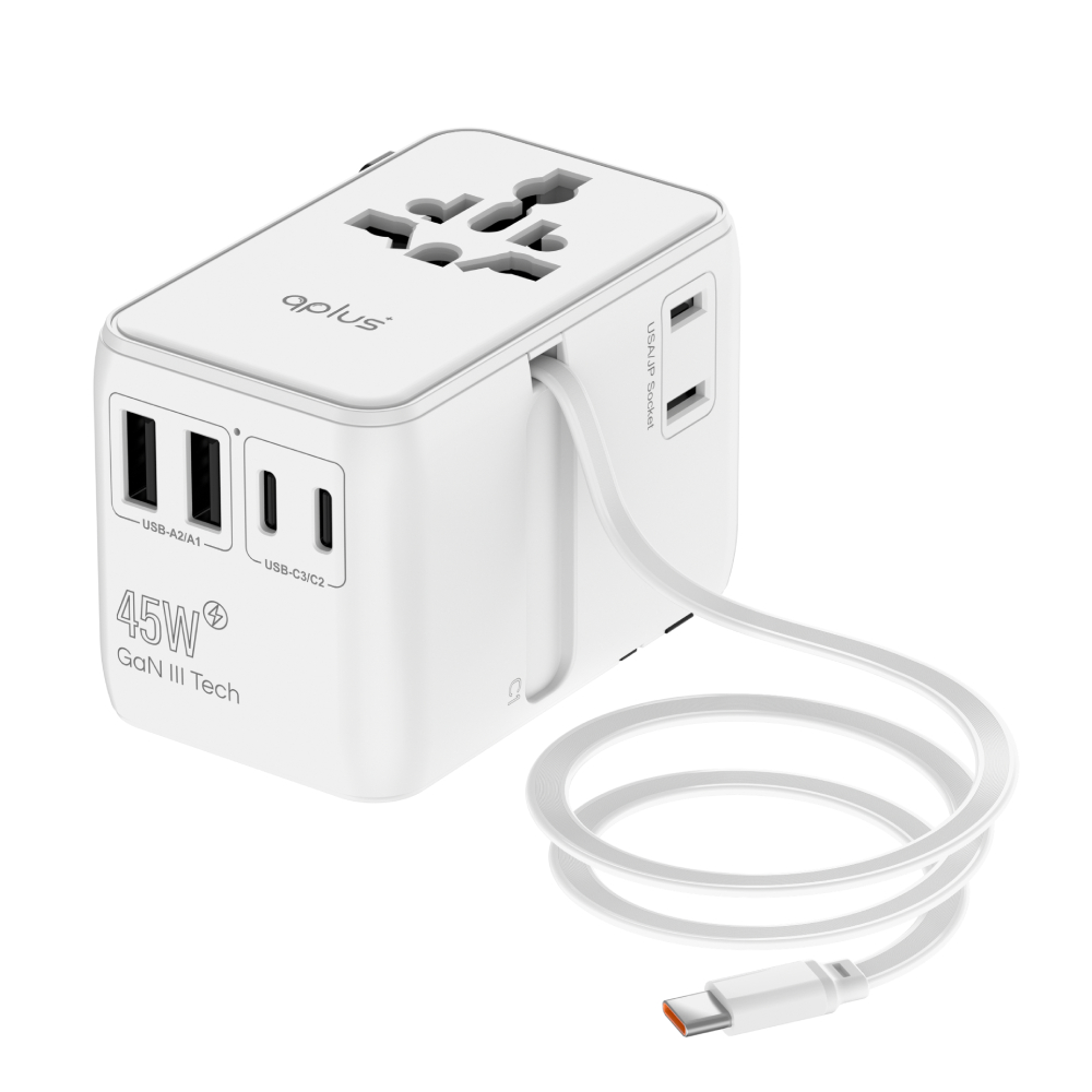 หัวแปลงปลั๊กไฟ QPLUS Universal Travel 45W Built In Cable 1005DTW White