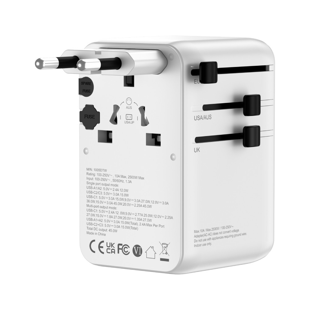 หัวแปลงปลั๊กไฟ QPLUS Universal Travel 45W Built In Cable 1005DTW White