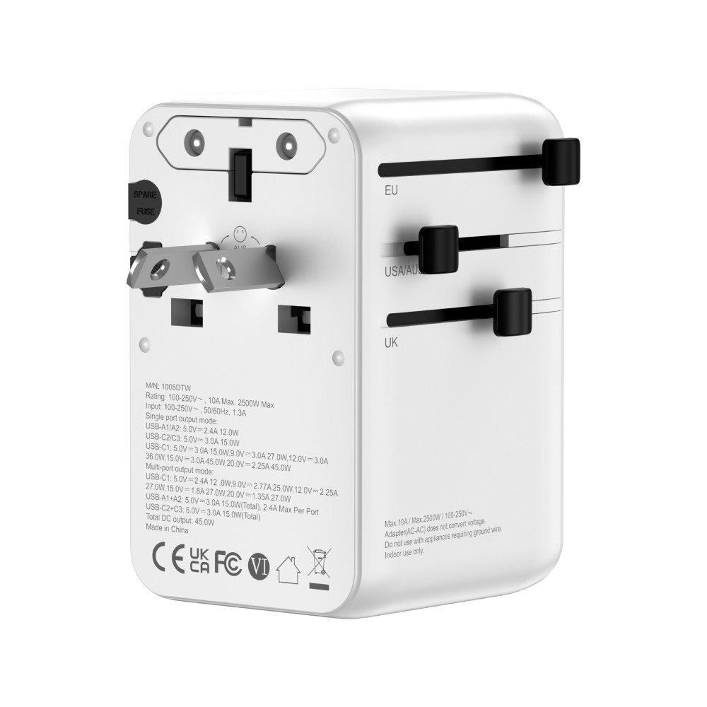 หัวแปลงปลั๊กไฟ QPLUS Universal Travel 45W Built In Cable 1005DTW White
