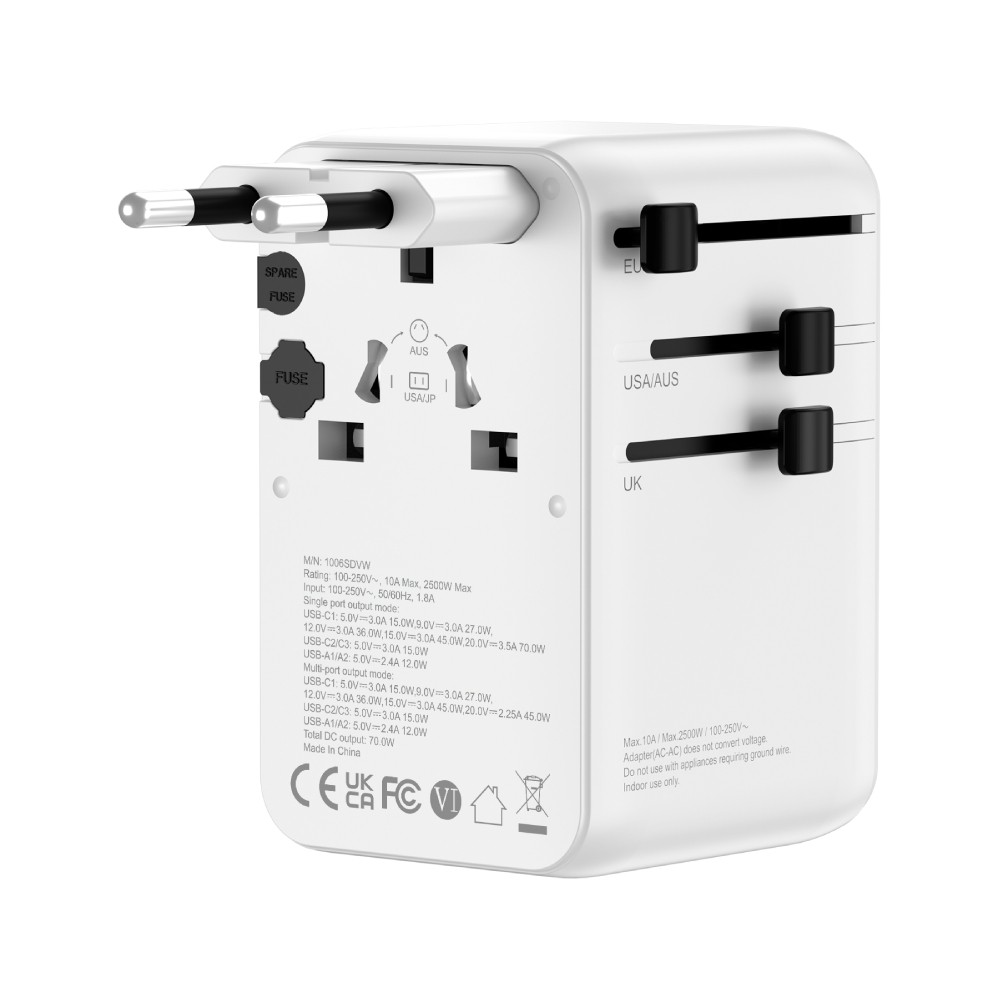 หัวแปลงปลั๊กไฟ QPLUS Universal Travel 70W Built In Cable 1006SDVW White
