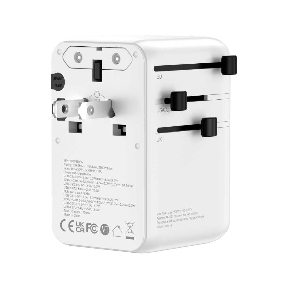 หัวแปลงปลั๊กไฟ QPLUS Universal Travel 70W Built In Cable 1006SDVW White