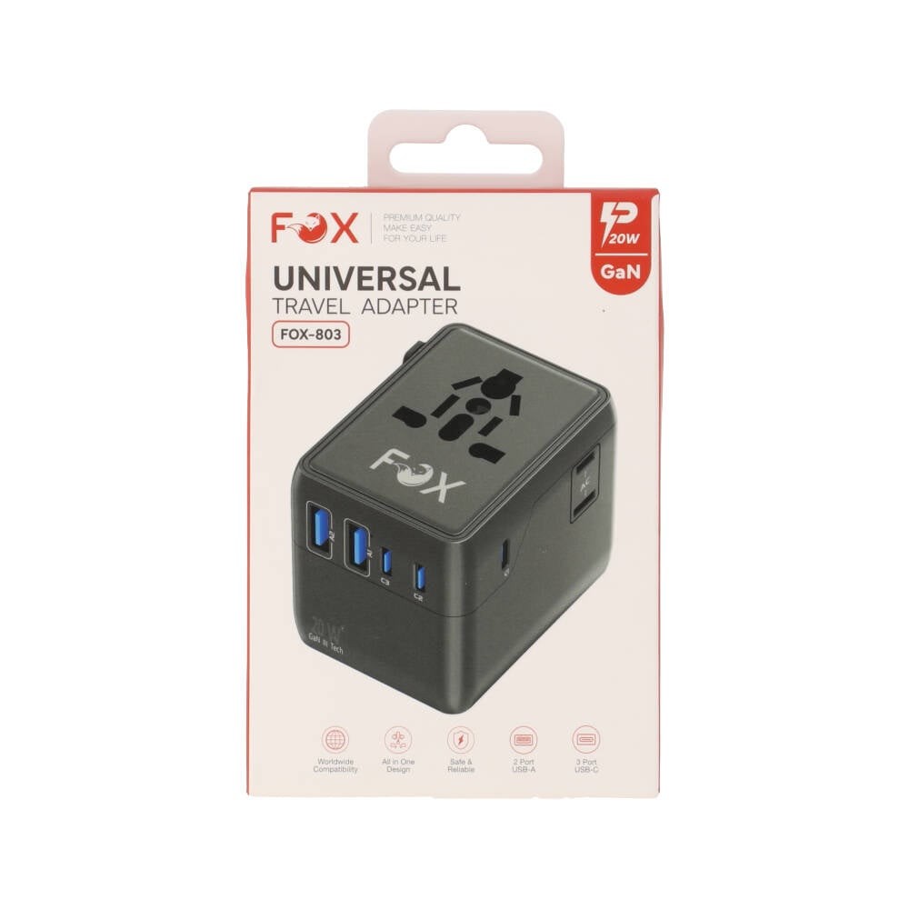หัวแปลงปลั๊กไฟ FOX Universal Travel Adapter 20W Black