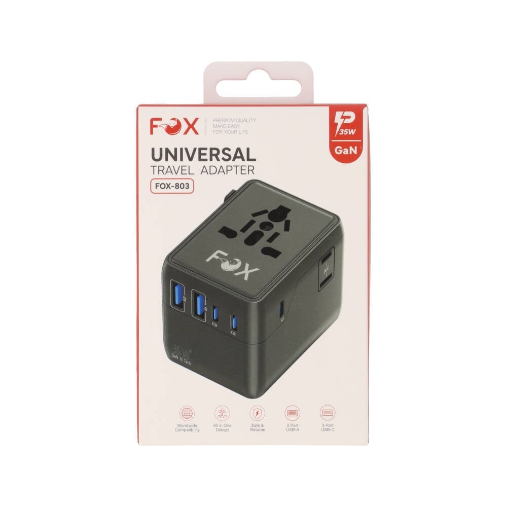 หัวแปลงปลั๊กไฟ FOX Universal Travel Adapter 35W Black