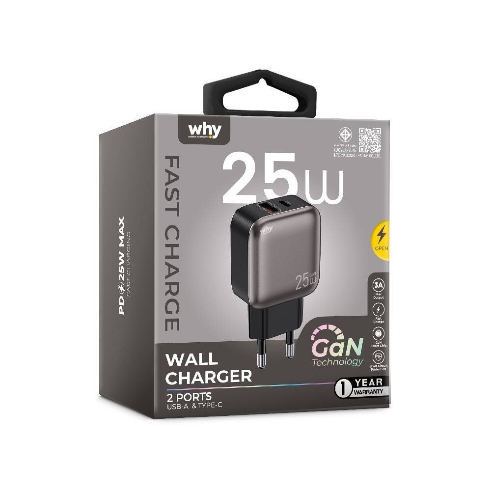 อะแดปเตอร์ WHY Wall USB Charger 1 USB-A / 1 USB-C (PD25W) Gray (WC-3442)