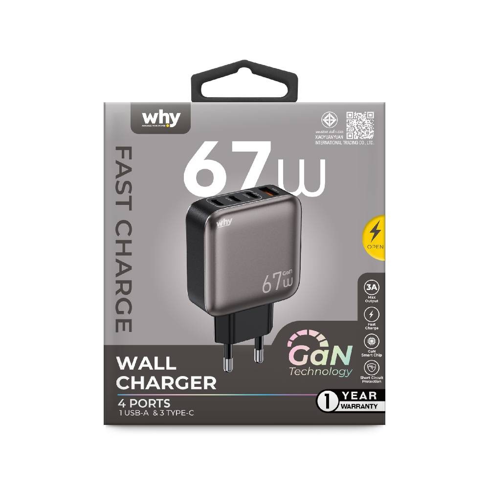 อะแดปเตอร์ WHY Wall USB Charger 1 USB-A / 3 USB-C (PD67W) Gray (WC-3464)