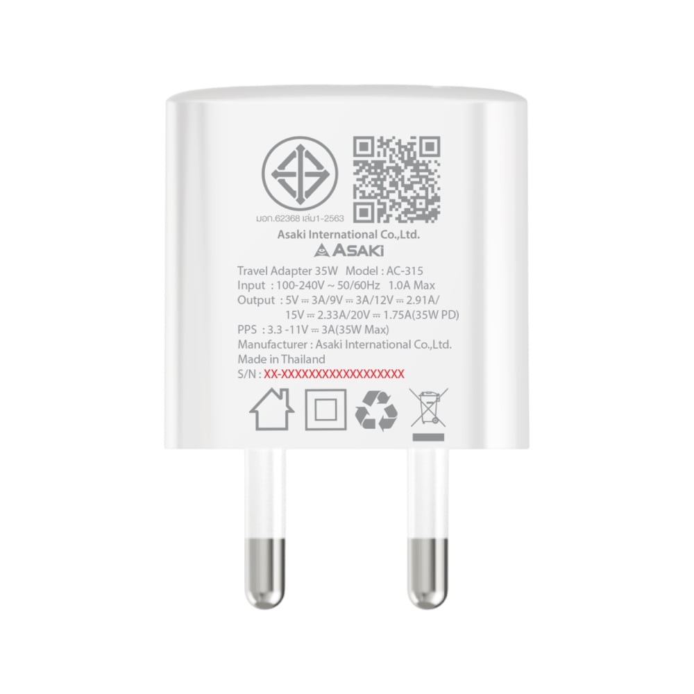อะแดปเตอร์ ASAKI Wall USB Charger 1 USB-C (PD35W) White (A-2434D) (TISI)