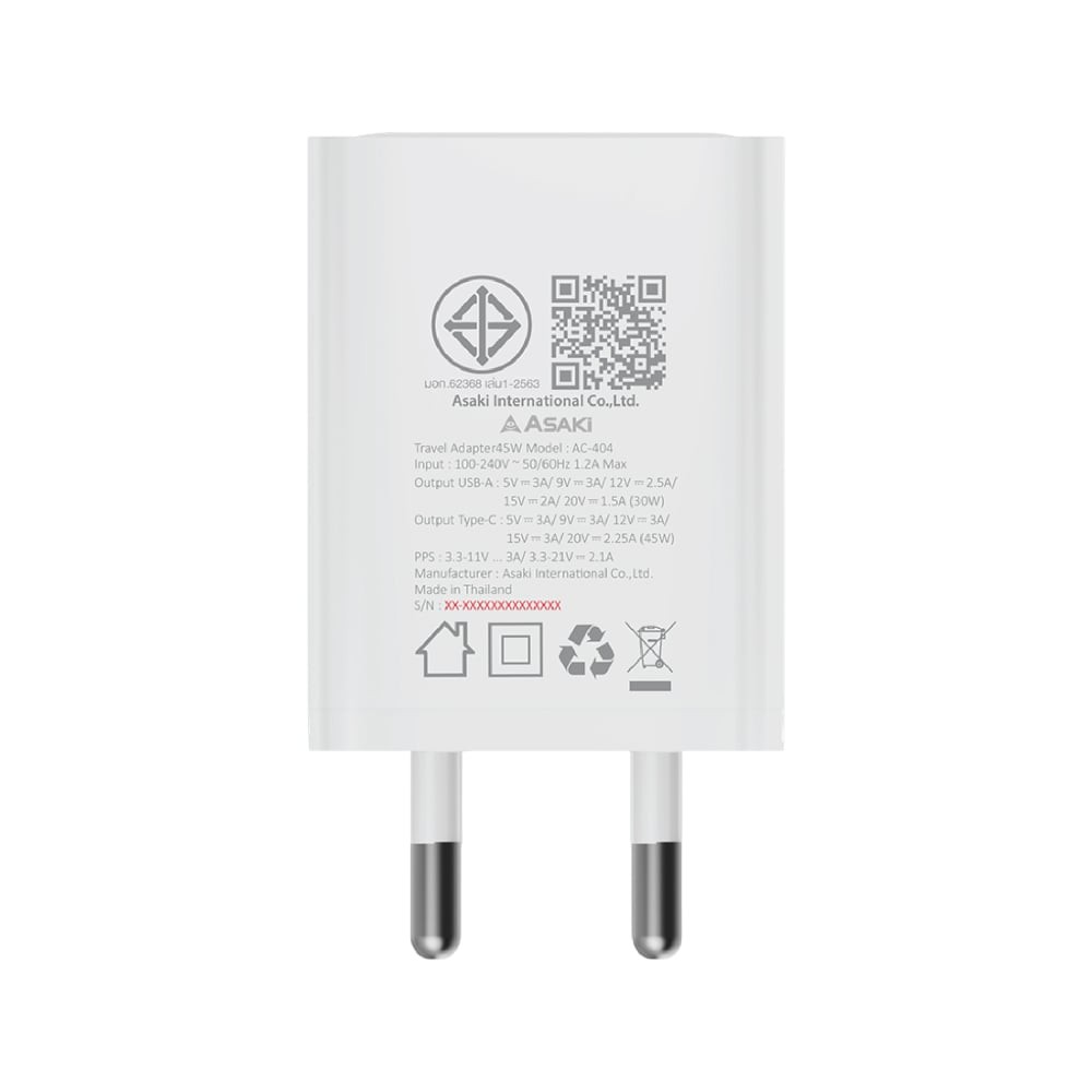 อะแดปเตอร์ ASAKI Wall USB Charger 1 USB-A / 1 USB-C (PD45W) (A-2440D) (TISI)