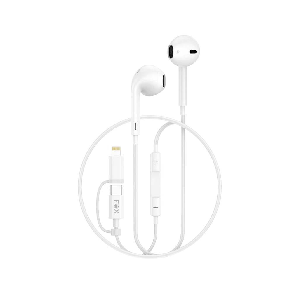 หูฟัง FOX 2-in-1 Wired Earphones Type-C and Lightning with Mic & Volume Control (P95) White