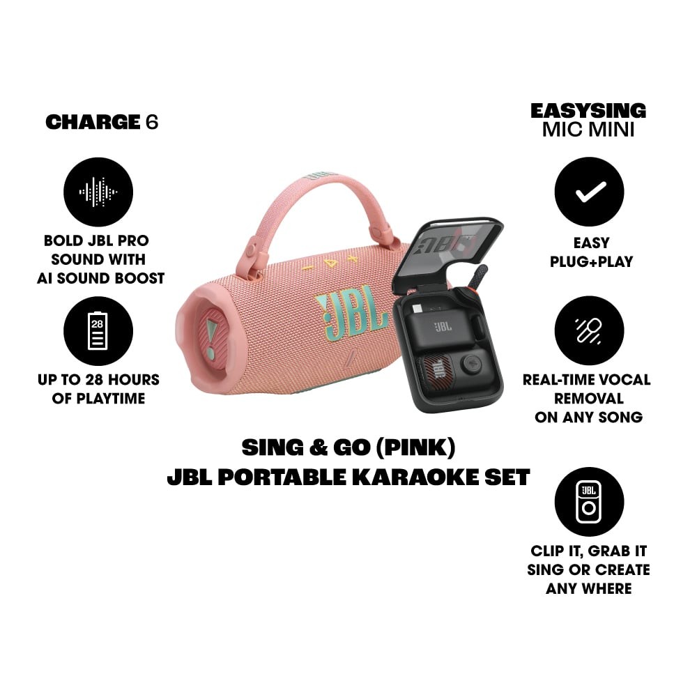 ลำโพงบลูทูธ JBL Karaoke Set Sing&Party Pink (Charge6 & EasySing Mic Mini)
