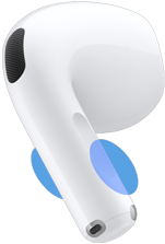 ภายนอกหูฟัง AirPods 5, วงกลมสีฟ้าที่ไฮไลท์ตำแหน่งสำหรับแตะที่ก้านหูฟังเพื่อควบคุมระดับเสียง