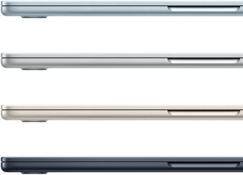 ภายนอกด้านข้างของแล็ปท็อป MacBook Air จำนวน 4 เครื่อง ซึ่งแสดงสีสันที่แตกต่างกัน 4 สี