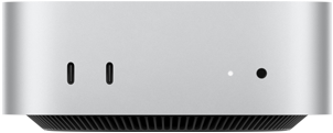 Mac mini, ด้านหน้า, Thunderbolt จำนวน 2 พอร์ต, ไฟแสดงสถานะและช่องต่อหูฟัง, ฐานทรงเรียวสีดำอยู่ด้านล่างสุด, ด้านบนแบนเรียบ, ด้านข้างโค้งมน, ขอบเรียบตรง, สีเงิน