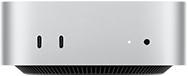 Mac mini, ด้านหน้า, Thunderbolt จำนวน 2 พอร์ต, ไฟแสดงสถานะและช่องต่อหูฟัง, ฐานทรงเรียวสีดำอยู่ด้านล่างสุด, ด้านบนแบนเรียบ, ด้านข้างโค้งมน, ขอบเรียบตรง, สีเงิน