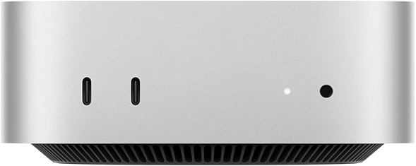 Mac mini, ด้านหน้า, Thunderbolt จำนวน 2 พอร์ต, ไฟแสดงสถานะและช่องต่อหูฟัง, ฐานทรงเรียวสีดำอยู่ด้านล่างสุด, ด้านบนแบนเรียบ, ด้านข้างโค้งมน, ขอบเรียบตรง, สีเงิน