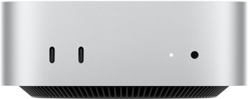Mac mini, ด้านหน้า, Thunderbolt จำนวน 2 พอร์ต, ไฟแสดงสถานะและช่องต่อหูฟัง, ฐานทรงเรียวสีดำอยู่ด้านล่างสุด, ด้านบนแบนเรียบ, ด้านข้างโค้งมน, ขอบเรียบตรง, สีเงิน
