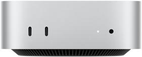 Mac mini, ด้านหน้า, Thunderbolt จำนวน 2 พอร์ต, ไฟแสดงสถานะและช่องต่อหูฟัง, ฐานทรงเรียวสีดำอยู่ด้านล่างสุด, ด้านบนแบนเรียบ, ด้านข้างโค้งมน, ขอบเรียบตรง, สีเงิน