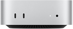 Mac mini, ด้านหน้า, Thunderbolt จำนวน 2 พอร์ต, ไฟแสดงสถานะและช่องต่อหูฟัง, ฐานทรงเรียวสีดำอยู่ด้านล่างสุด, ด้านบนแบนเรียบ, ด้านข้างโค้งมน, ขอบเรียบตรง, สีเงิน
