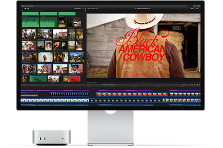 Mac mini ที่จับคู่กับ Studio Display, บนจอทางด้านขวาแสดงหน้าจอชื่อเรื่องจากภาพยนตร์ Black American Cowboy, ภาพนิ่งหลายภาพปรากฏอยู่ด้านซ้าย