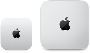 Mac mini สองเครื่อง, ด้านบน, อะลูมิเนียมสีเงิน, มุมมน, โลโก้ Apple สีดำมันเงาอยู่ตรงกลาง, เครื่องที่อยู่ทางซ้ายเป็นรุ่นล่าสุดและมีขนาดน้อยกว่าครึ่งหนึ่งของเครื่องที่อยู่ทางขวา