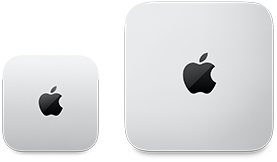 Mac mini สองเครื่อง, ด้านบน, อะลูมิเนียมสีเงิน, มุมมน, โลโก้ Apple สีดำมันเงาอยู่ตรงกลาง, เครื่องที่อยู่ทางซ้ายเป็นรุ่นล่าสุดและมีขนาดน้อยกว่าครึ่งหนึ่งของเครื่องที่อยู่ทางขวา