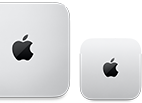 Mac mini สองเครื่อง, ด้านบน, อะลูมิเนียมสีเงิน, มุมมน, โลโก้ Apple สีดำมันเงาอยู่ตรงกลาง, เครื่องที่อยู่ทางซ้ายเป็นรุ่นล่าสุดและมีขนาดน้อยกว่าครึ่งหนึ่งของเครื่องที่อยู่ทางขวา