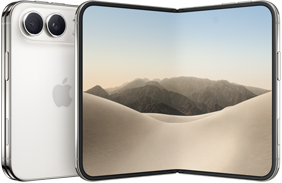 iPhone Duo, ภายนอกด้านหลังพับปิดอยู่, สีสตาร์ไวท์, ระบบกล้อง Dual Fusion ที่ด้านบนซ้าย, โลโก้ Apple อยู่ตรงกลาง จอภาพภายในของตัวเครื่องที่กางเปิดอยู่, ดีไซน์แบบหน้าจอทั้งหมด, มุมมน