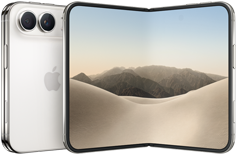 iPhone Duo, ภายนอกด้านหลังพับปิดอยู่, สีสตาร์ไวท์, ระบบกล้อง Dual Fusion ที่ด้านบนซ้าย, โลโก้ Apple อยู่ตรงกลาง จอภาพด้านในกางเปิดอยู่, ดีไซน์แบบหน้าจอทั้งหมด, มุมมน