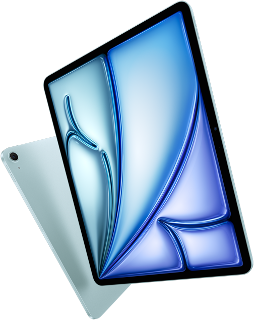 มุมมองด้านหน้าของ iPad Air รุ่น 13 นิ้ว, หน้าจอแสดงสีสันสวยงาม, ภายนอกด้านหลังของ iPad Air รุ่น 11 นิ้ว และกล้องหลังไวด์ 12MP