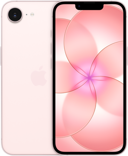 วางคู่กัน, iPhone 17e, ภายนอกด้านหลัง, สีชมพูอ่อน, ระบบกล้อง Fusion ที่ด้านซ้ายบน, iPhone 17e, ภายนอกด้านหน้า, ดีไซน์แบบหน้าจอทั้งหมด