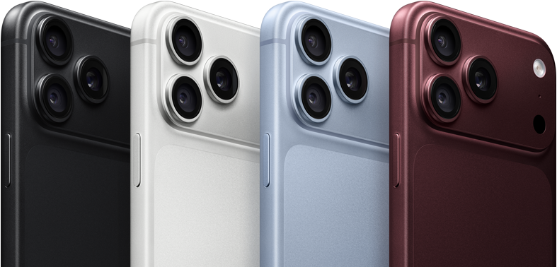 อุปกรณ์ iPhone 18 Pro ที่เรียงเป็นแถว, ภายนอกด้านหลัง, ทั้งสี่สี ได้แก่ สีเบอร์กันดี, สีธารน้ำแข็ง, สีเงิน, สีดำ, ระบบกล้อง Pro Fusion ที่มุมบนซ้าย, เลนส์ 3 ตัว, ไมโครโฟน, แฟลช