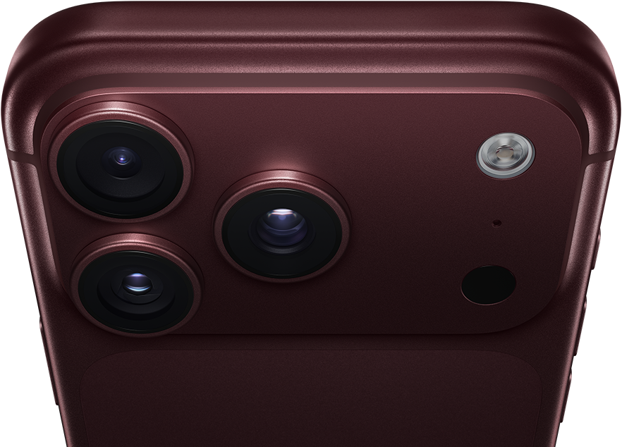 iPhone 18 Pro Max, สีเบอร์กันดี (แดงเข้ม), ภายนอกด้านหลัง, ระบบกล้อง Pro Fusion ที่ด้านบน, เลนส์ 3 ตัว, ใบเบลดรูรับแสงที่ปรับได้ปิดอยู่บางส่วน, แฟลช, ไมโครโฟนและสแกนเนอร์ LiDAR, ภายนอกด้านบน, สายอากาศระบบเซลลูลาร์, ด้านข้างแบนเรียบ, ขอบมน