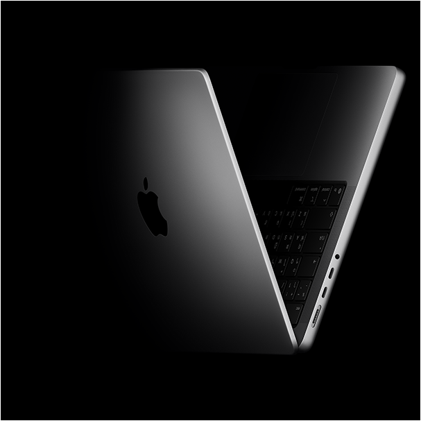 MacBook Pro ที่วางในรูปทรงตัว V ซึ่งอ้างอิงจากชิปตระกูล M5