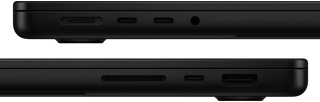 แสดงพอร์ตต่างๆ บน MacBook Pro ซึ่งด้านซ้ายมี MagSafe 3, Thunderbolt จำนวน 2 พอร์ต และช่องต่อหูฟัง ส่วนด้านขวามีช่องเสียบการ์ด SDXC, Thunderbolt จำนวน 1 พอร์ต และ HDMI