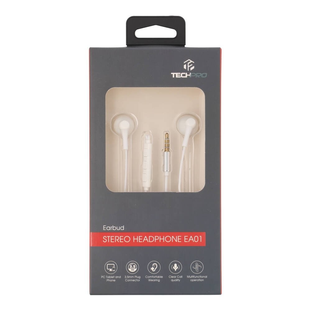 หูฟังมีสาย TECHPRO Earbud Headphone with Mic. 3.5mm White