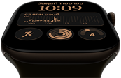 Apple Watch Series 12, ตัวเรือนอะลูมิเนียม, สีบรอนซ์เข้ม, หน้าปัดนาฬิกาโมดูลาร์, กลไกหน้าปัด ได้แก่ วันและวันที่, การออกกำลังกาย, วงแหวนกิจกรรม, Apple Music, ภายนอกด้านขวา, Digital Crown, สายแบบ Sport Band, สีเขียวมะกอก