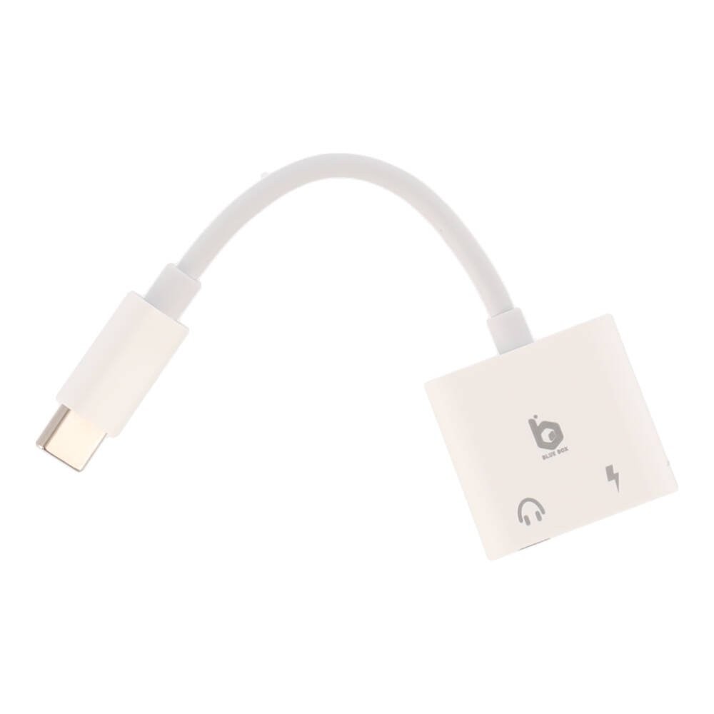 Blue Box  Port Hub USB-C to 3.5mm Audio + USB-C Fast Charge Adapter- White