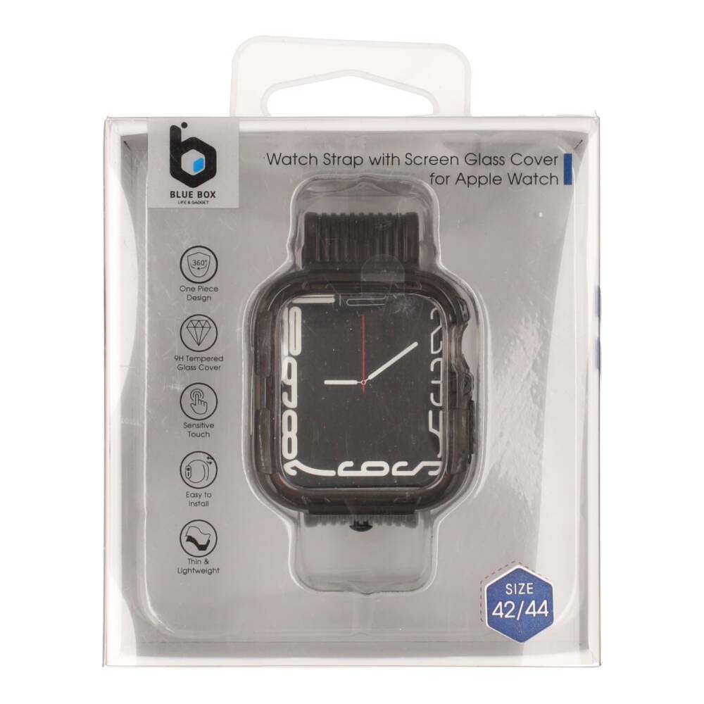 Blue Box Watch Strap with Screen Glass Cover for Apple Watch 42/44 Transparent Black