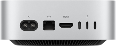 มุมมองด้านหลังของ Mac mini สีเงิน ซึ่งแสดงพอร์ตต่างๆ ที่อยู่ด้านหลัง ได้แก่ พอร์ต HDMI จำนวน 1 พอร์ต, Ethernet จำนวน 1 พอร์ต และพอร์ต Thunderbolt จำนวน 3 พอร์ต