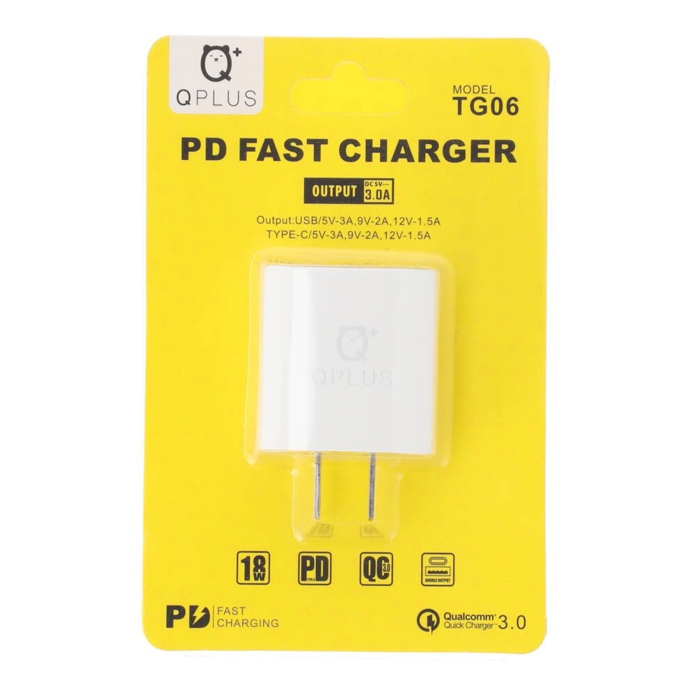 QPLUS Wall USB Charger 1 USB-A / 1 USB-C (PD18W) TG06 White