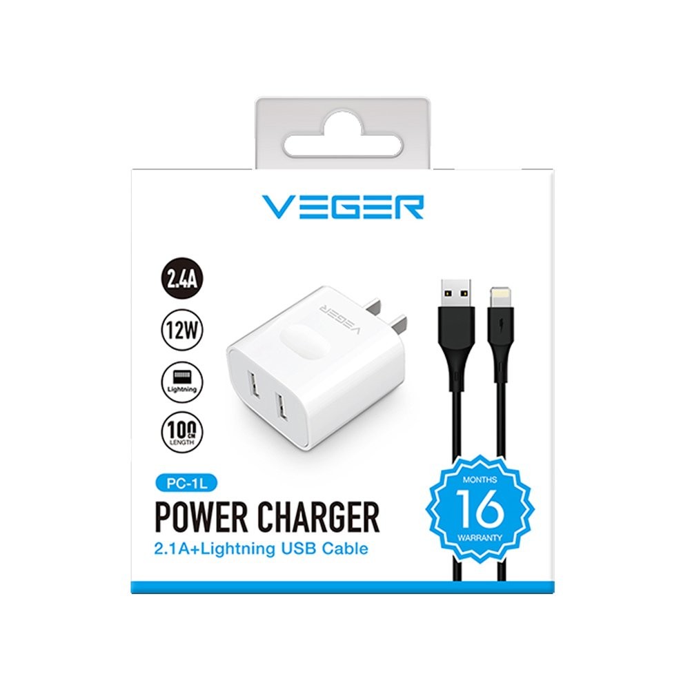 อะแดปเตอร์ VEGER Wall Charger 2 USB-A พร้อมสายชาร์จ Lightning ยาว 1 เมตร