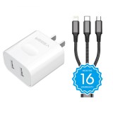 VEGER Wall USB Charger 2 USB-A (2.4A/12W) + 3-in-1 Cable 1M. White (PC-3C)